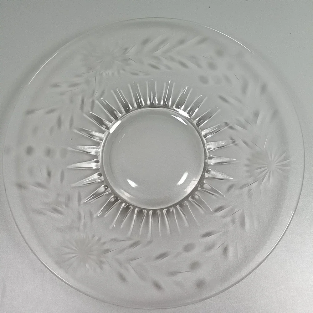 Vintage Etched Floral Glass Platter 13.5 Inch Round‎ Sunburst  Clear Frosted